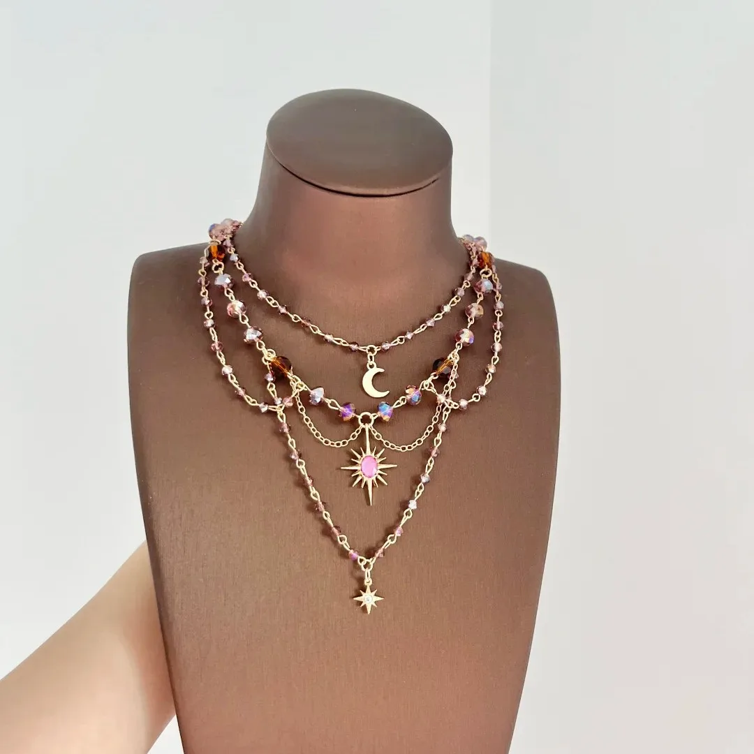 Multilayer Moon Tassel Pendant Choker Sun Star Crystal Beads Necklace Sweet Acrylic Diamond Women's Jewelry Photography Props
