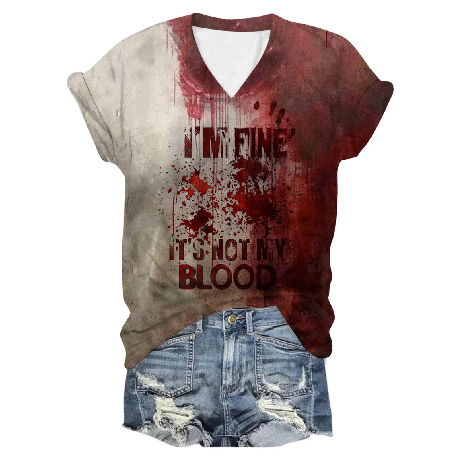 Handprints I Am Ok Blutige Schrift T-Shirt Halloween V-Neck Print Short Sleeve T-Shirt Holiday Party Distressed Bloody T-Shirt