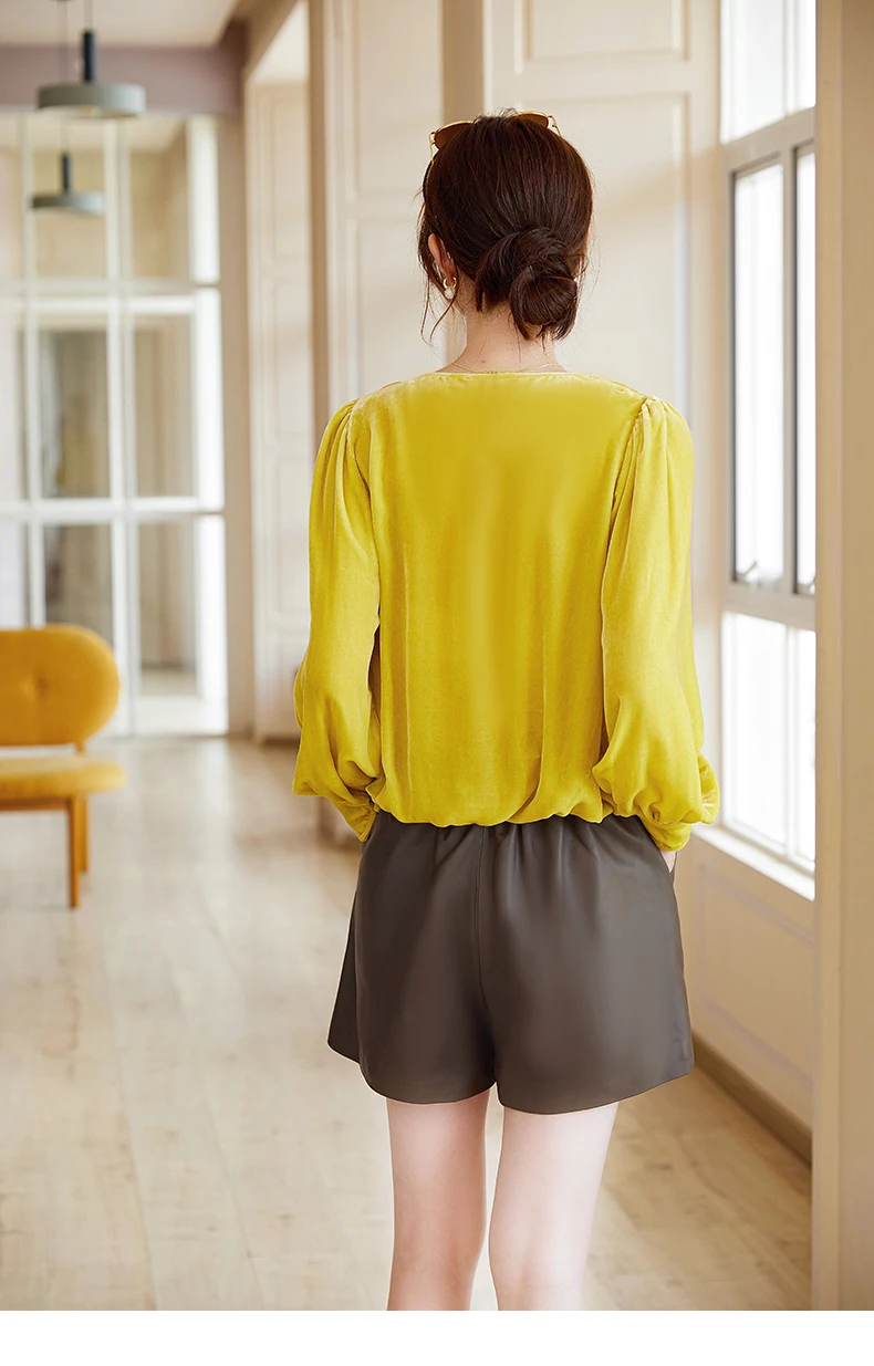 Silk Long Sleeve V-neck Shirt for Female, Mulberry Silk, High-end Temperament, Yellow Top, Light Luxury Luster, Spring Autumn