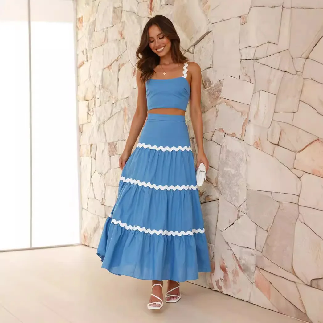 25 Summer New Simple Style Sexy Wave Tube Top Oversized Skirt Set - 88193 Evening Dresses Party Boho Midi Lace