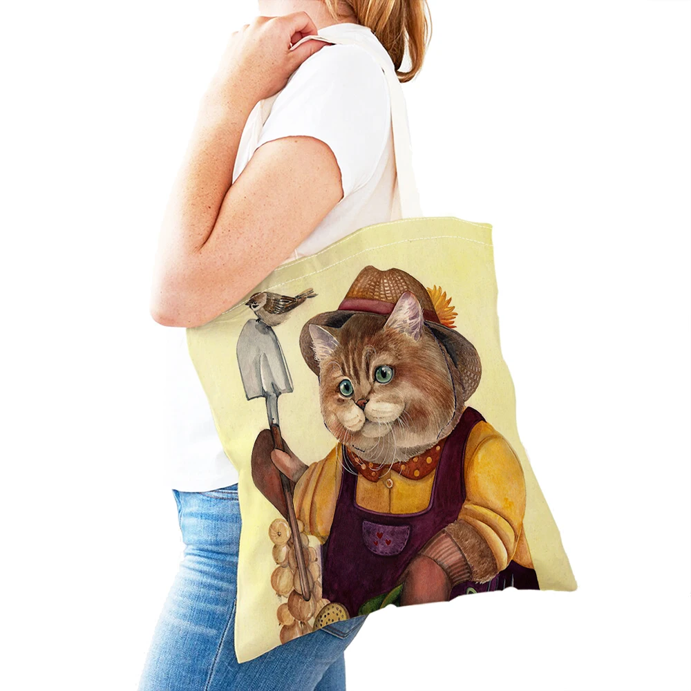 Sac à provisions en toile décontractée à double impression d'animaux de dessin animé pour enfants, sac fourre-tout mignon, sac à main de chat de pêche, initié au gril, femmes