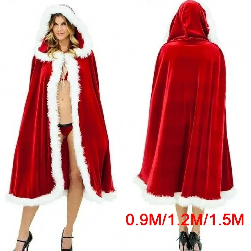 

Christmas Cloak 3 Size Red Velvet Hooded Cape Sexy Santa Cosplay Costumes Women Carnival Party Clubwear Winter Warm Overcoat