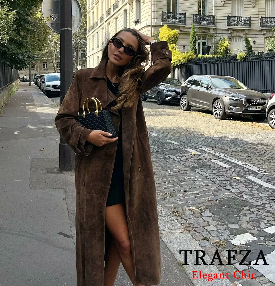 TRAFZA-Women Vintage Płaszcz z paskiem Długi płaszcz z klapami Sznurowane guziki Długi płaszcz Nowy 2024 Jesień Zima Moda Klasyczny Vintage Długi