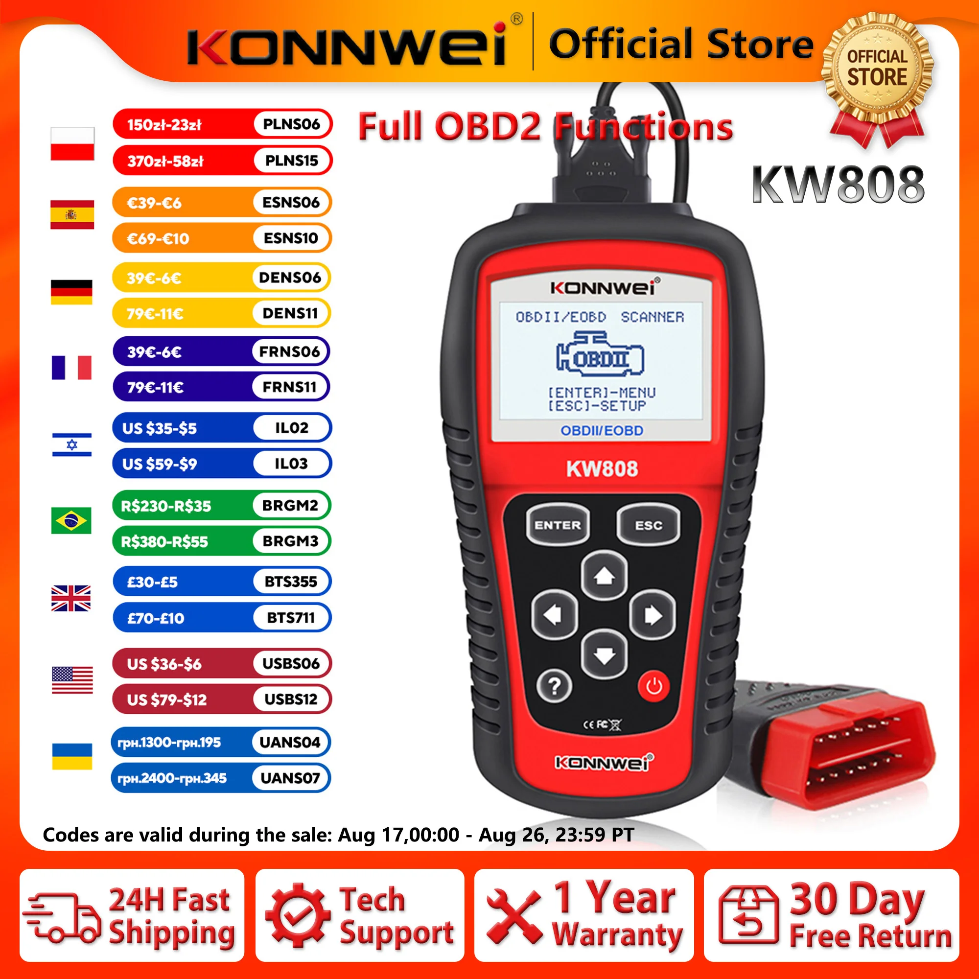 2026 KONNWEI KW808 Professional Car OBD2 Scanner OBDII Automotive Diagnostic Scanner Tool Engine Fault Code Reader Car OBD Tool