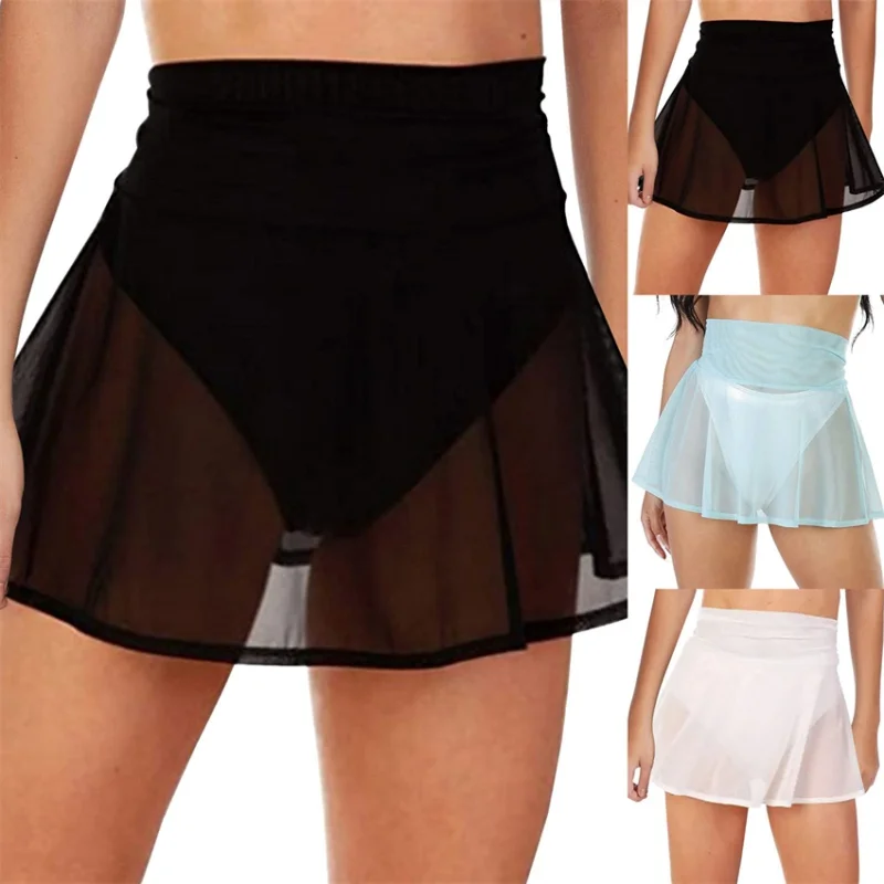 Minifaldas acampanadas de cintura alta para mujer, faldas cortas plisadas de rejilla transparente, Color liso, ropa de Festival, verano, 2023