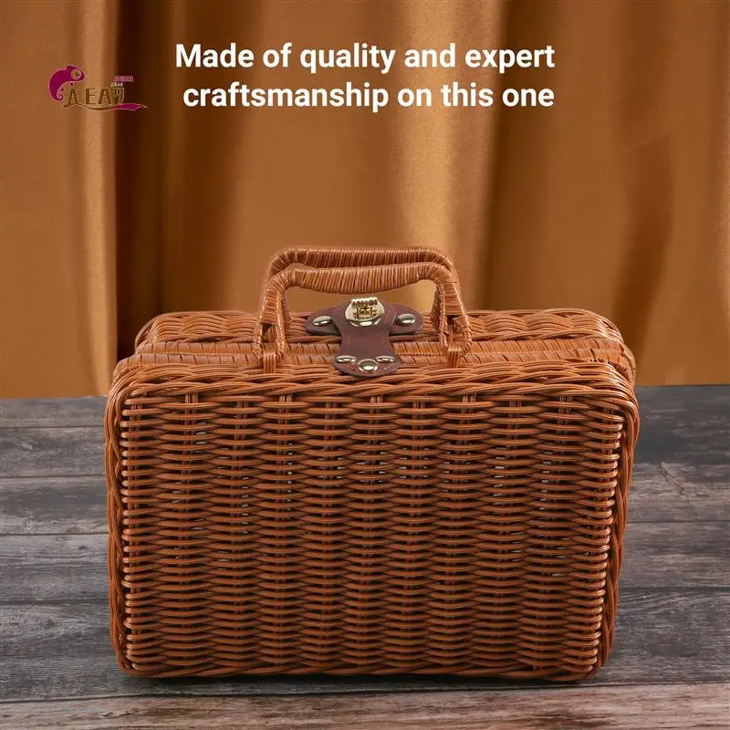 

AEA9-Picnic Basket,Woven Wicker Vintage Suitcase Woven Storage Basket Rattan Storage Case Picnic Weave Laundry Basket