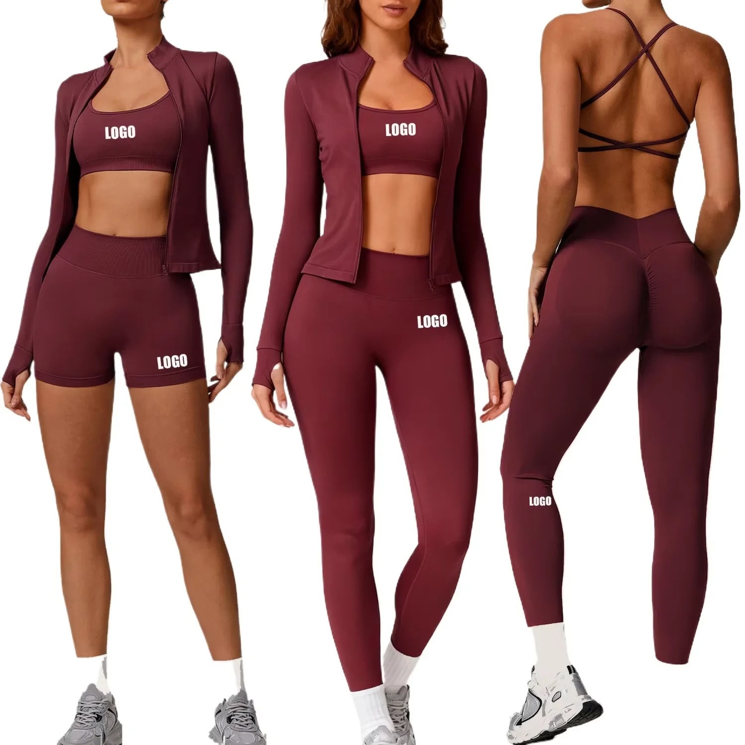 

Женский бесшовный костюм для йоги с логотипом на заказ, быстросохнущий обтягивающий спортивный костюм для фитнеса и велоспорта, комплект из трех предметов