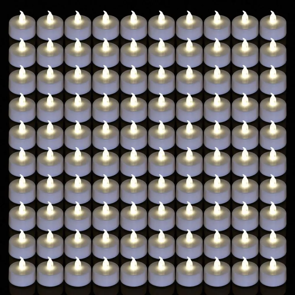 

100 беспламенных чайных свечей (50 шт.) с теплым белым светом, в комплекте батарейки CR2032, срок службы более 200 часов, мерцающие имитации чайных свечей