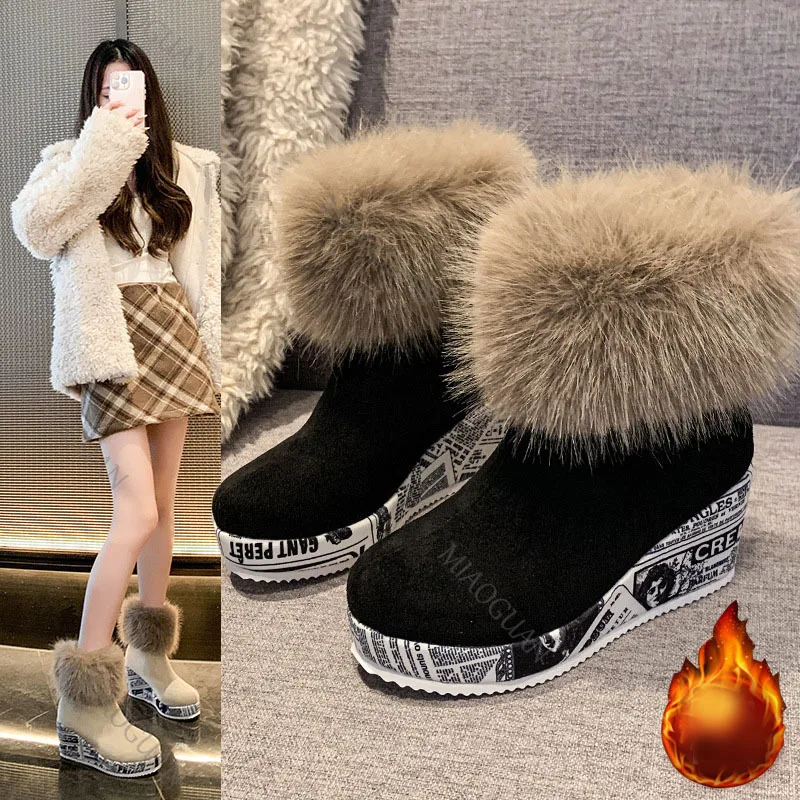 

Женские меховые ботильоны, зимняя удобная спортивная хлопковая обувь для отдыха на танкетке, зимние ботинки на толстой подошве с молнией сзади и подкладкой