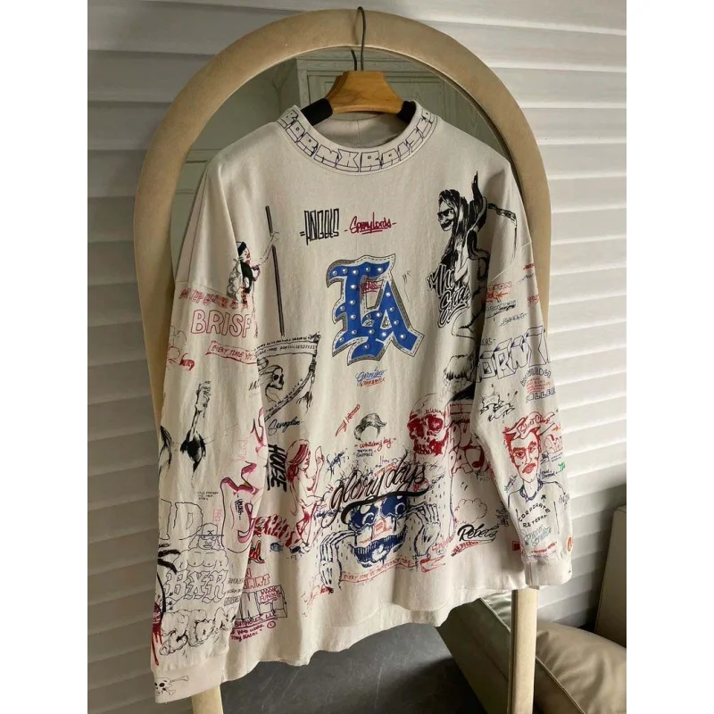 

Футболка с длинным рукавом больших размеров (до 300 фунтов), американского кроя, с принтом, новая коллекция весна-осень, в стиле ретро, плотная, теплая.