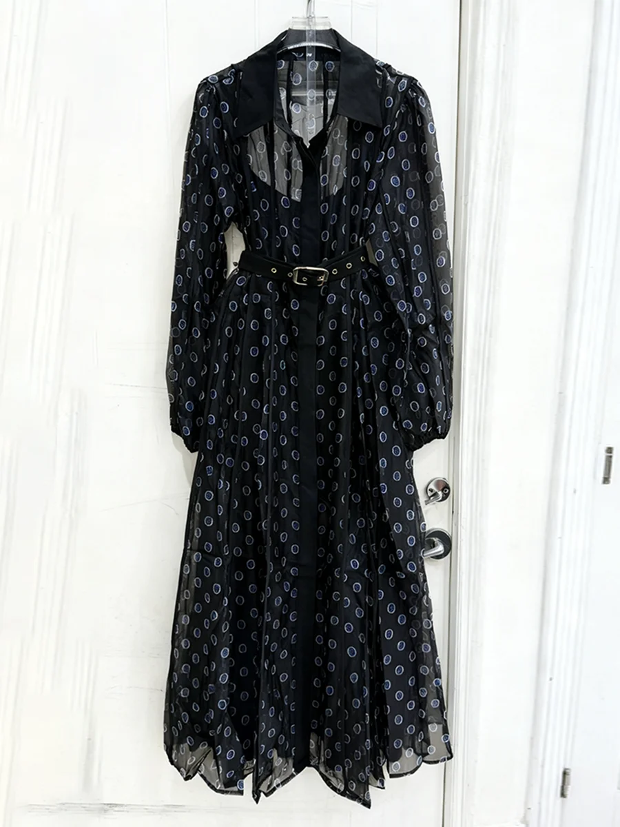 VGH Retro French Floral Dresses for Women Lapel Long Sleeve Patchwork Belt High Waisted Sheer Mesh Dress Female 2026 Spring New