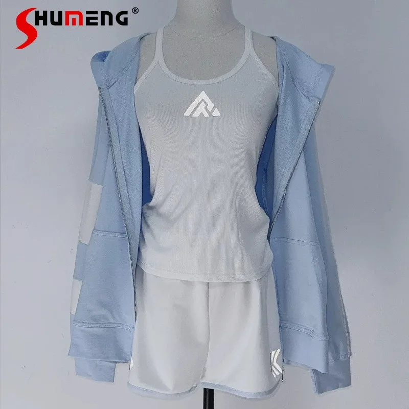 

Blue White Color Block Elastic Pure Cotton Sports Shorts Lightweight Casual Lounge Wear Comfortable Home Daily Short Pants Women