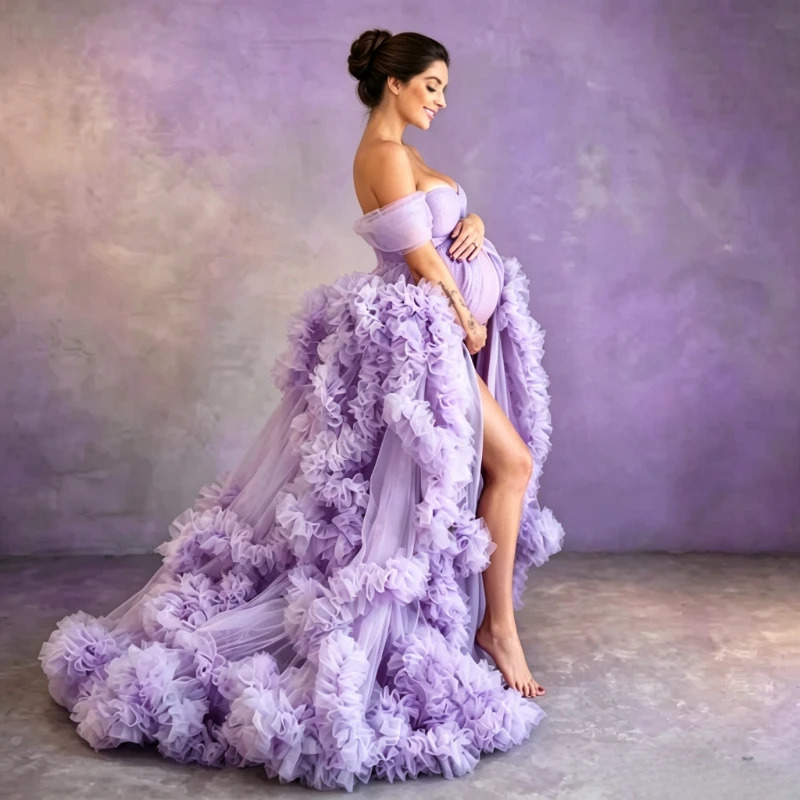 Maternity Photoshoot Dress Off Shoulder 3D Ruffled Tulle Gown Long Train Baby Shower Pregnancy Photo Studio Costume baby shower - view 3