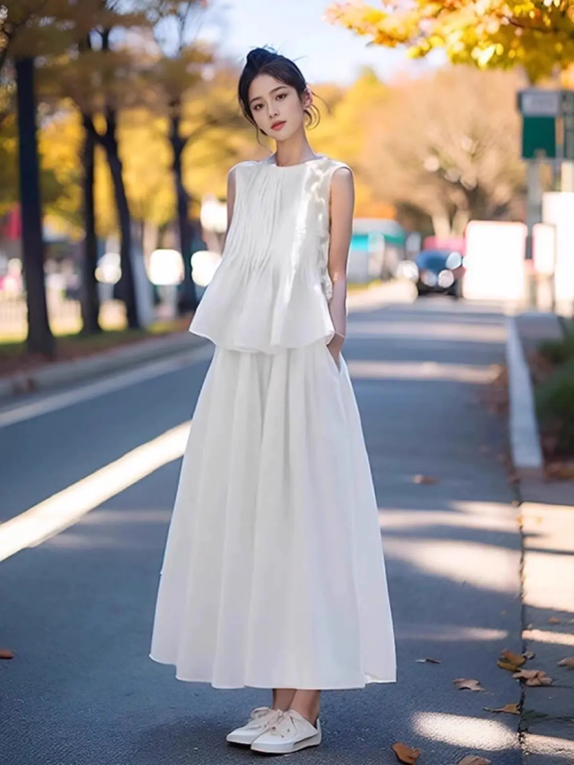 

New Fashion Summer Casual 2 Piece Set Women Elegant O-neck Sleeveless Bud Blouse Top + High Waist A-line Skirt Sets Tracksuit