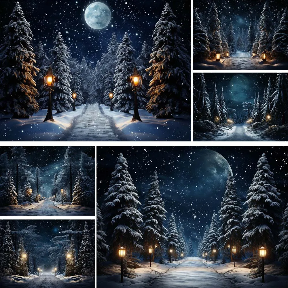 Mocsicka Winter Forest Backdrop for Photography Night Star Full Moon Snow Road Light Pine Tree Outdoor Portrait Photo Background