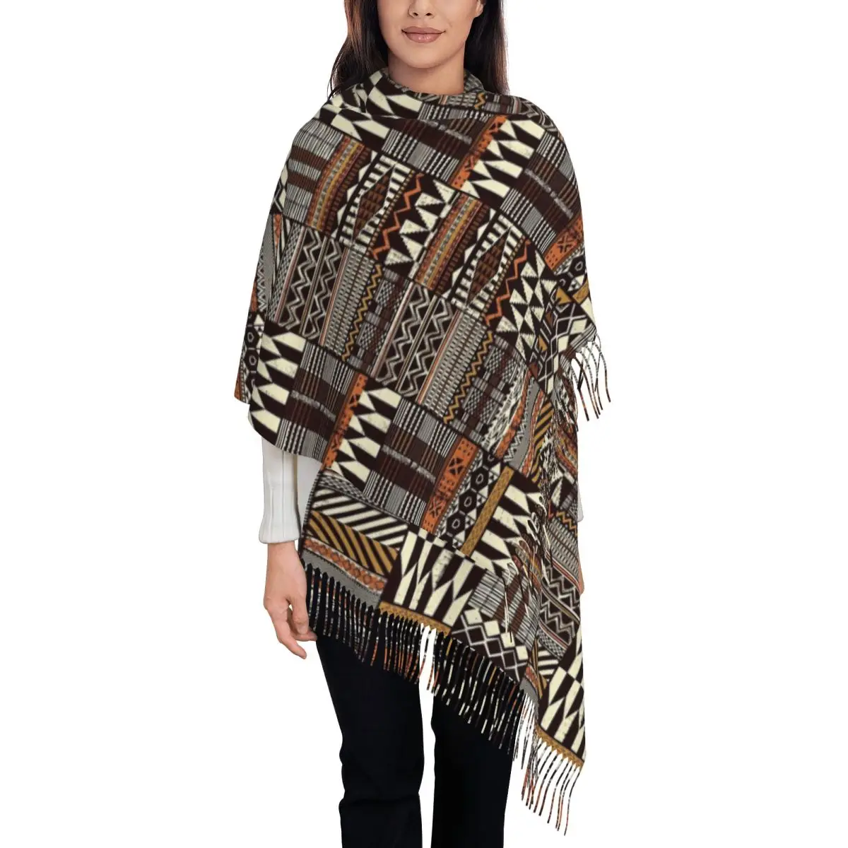 Native Tribal African Style Fabric Patchwork Scarf Tassel Scarves Women Soft Warm Shawls and Wraps Long Fall Winter Shawl Wrap