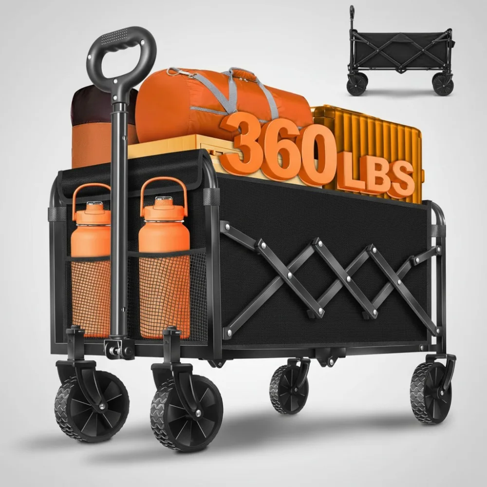 

Foldable Wagon Cart 360lbs Capacity Lightweight Collapsible with Drink Holders for Camping Travel Picnic Shopping