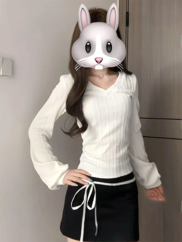 

Korean Style Women's Long Sleeve Knitted Sweater V-Neck Slim Fit Elastic Waist Tight Inner Shirt Base Top Warm Pure Color