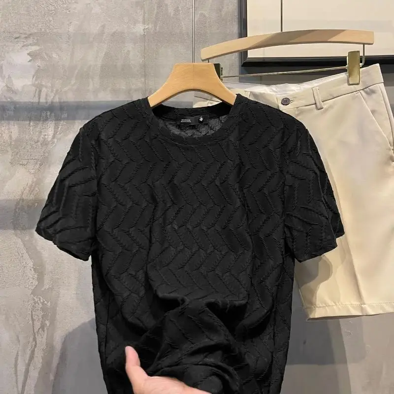 CSKS Thin Thread Design T-shirt Korean Style Slim Fit Ice Silk Short-sleeved Men Solid Color Comfortable and Breathable Top
