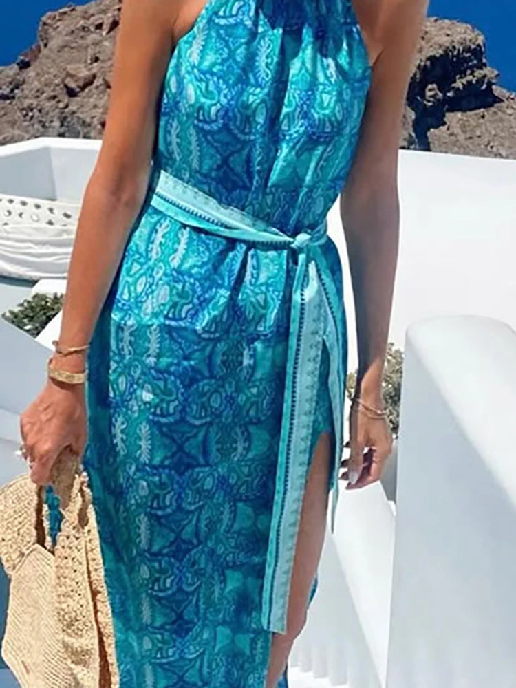 ボヘミアンプリントビーチバケーションドレス レディース カジュアル ホローアウト ノースリーブ サテン ロングドレス セクシー オフショルダー ハイウエスト パーティードレス