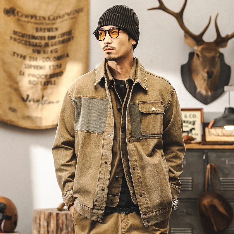 

Новая винтажная джинсовая куртка мужской весной и осенью, состаренная, стираная и свободная, модная брендовая рабочая куртка Amekaki.