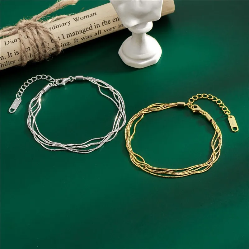 Genuine S925 Sterling Silver Fashion Multilayer Line Silk Satin Bracelet for Women Simple Design Jewelry Wholesale Gold Color