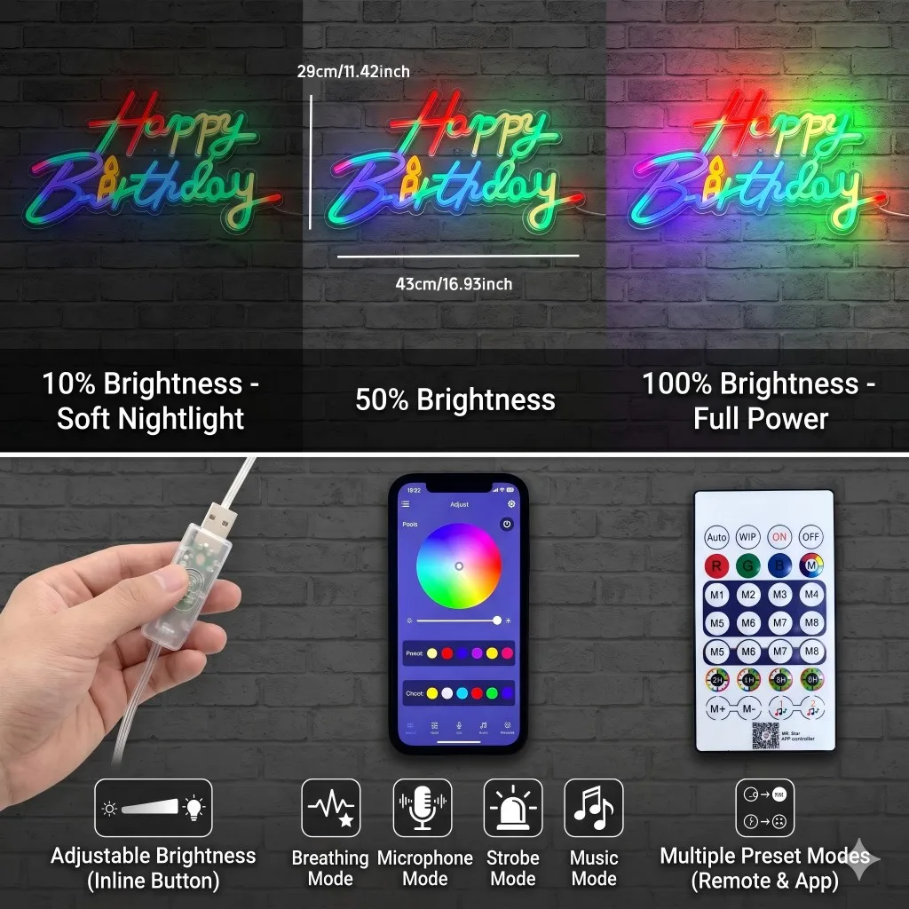 RGB Happy Birthday Neon Sign LED Party Light USB Remote APP Control Color Changing Wall Decor Holiday Birthday Decoration Lamp