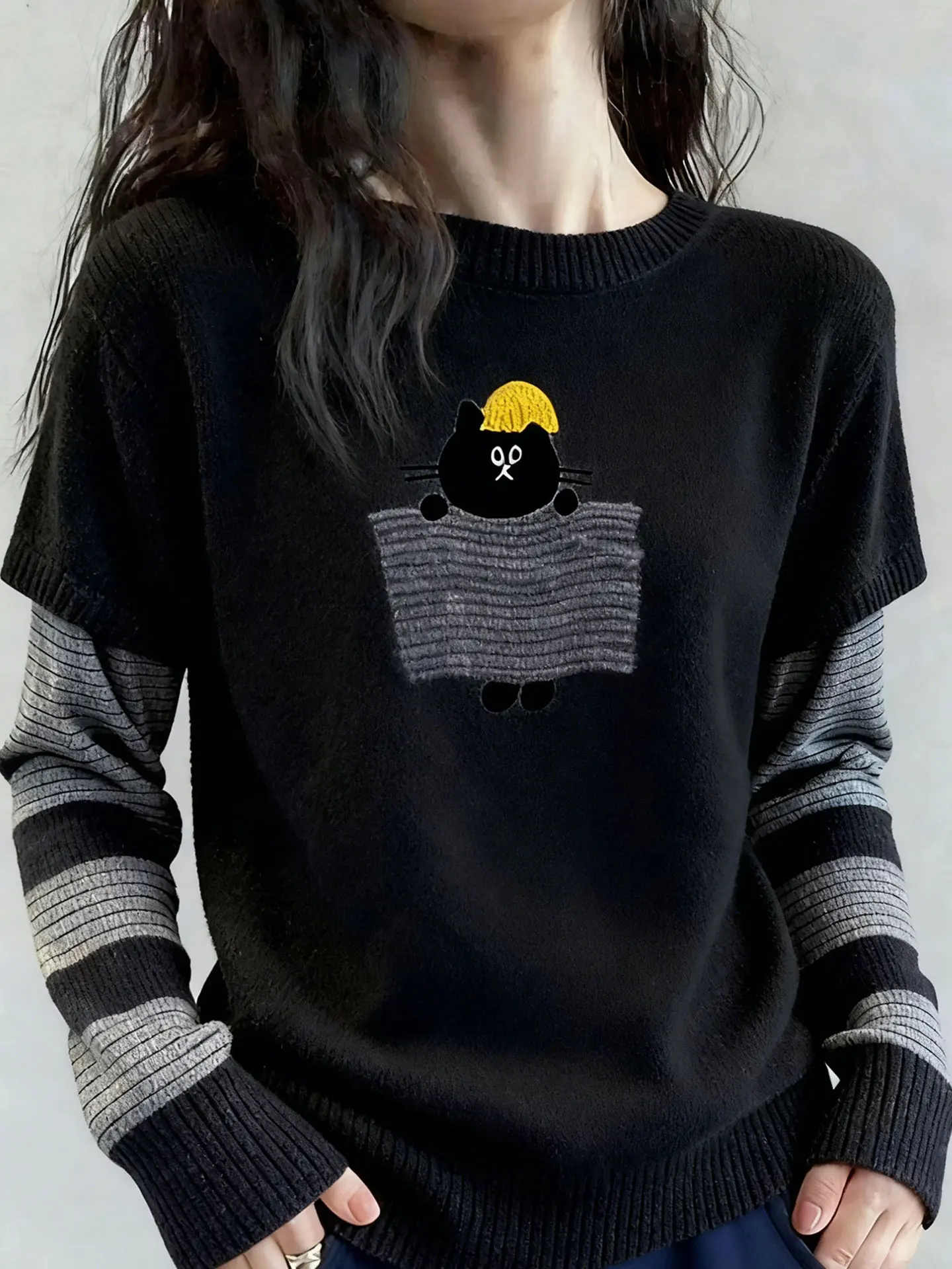 

Faionable Printed Knitted Long Sve round Ne Loose Top Casual Fake Two-Piece Winter Sweater Comfortable Warm Woolen irt