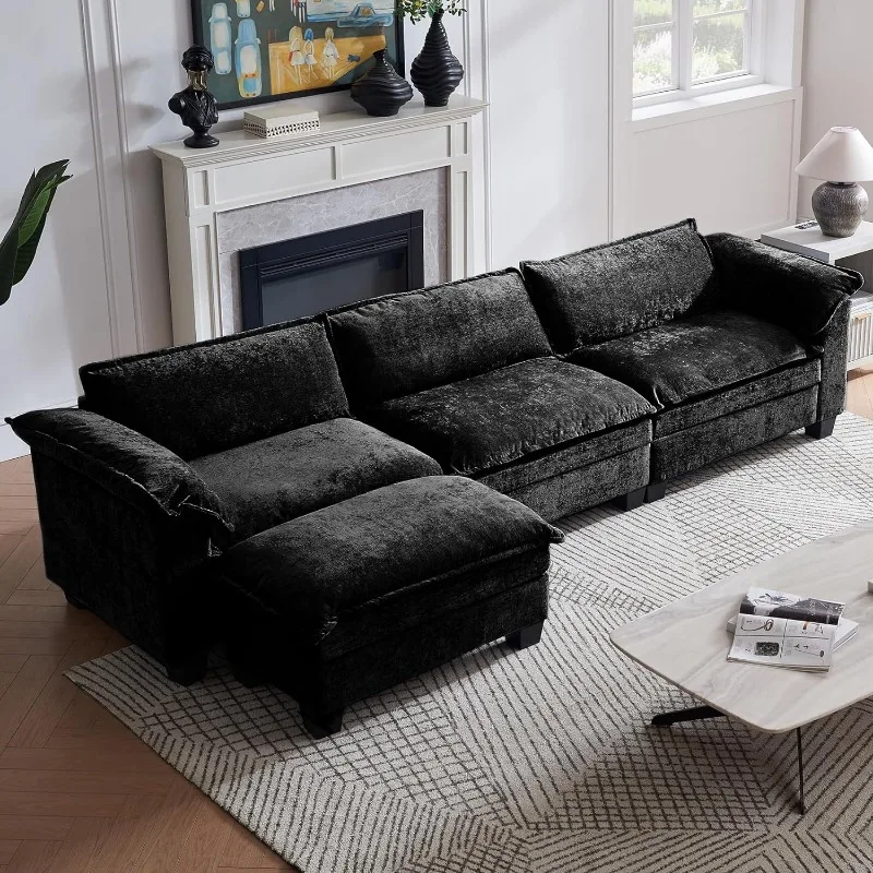 120" Sectional Couches for Living Room with Ottoman, 3-Seat Sectional Couch, L Shaped Couch, Chenille Sleeper Sofa