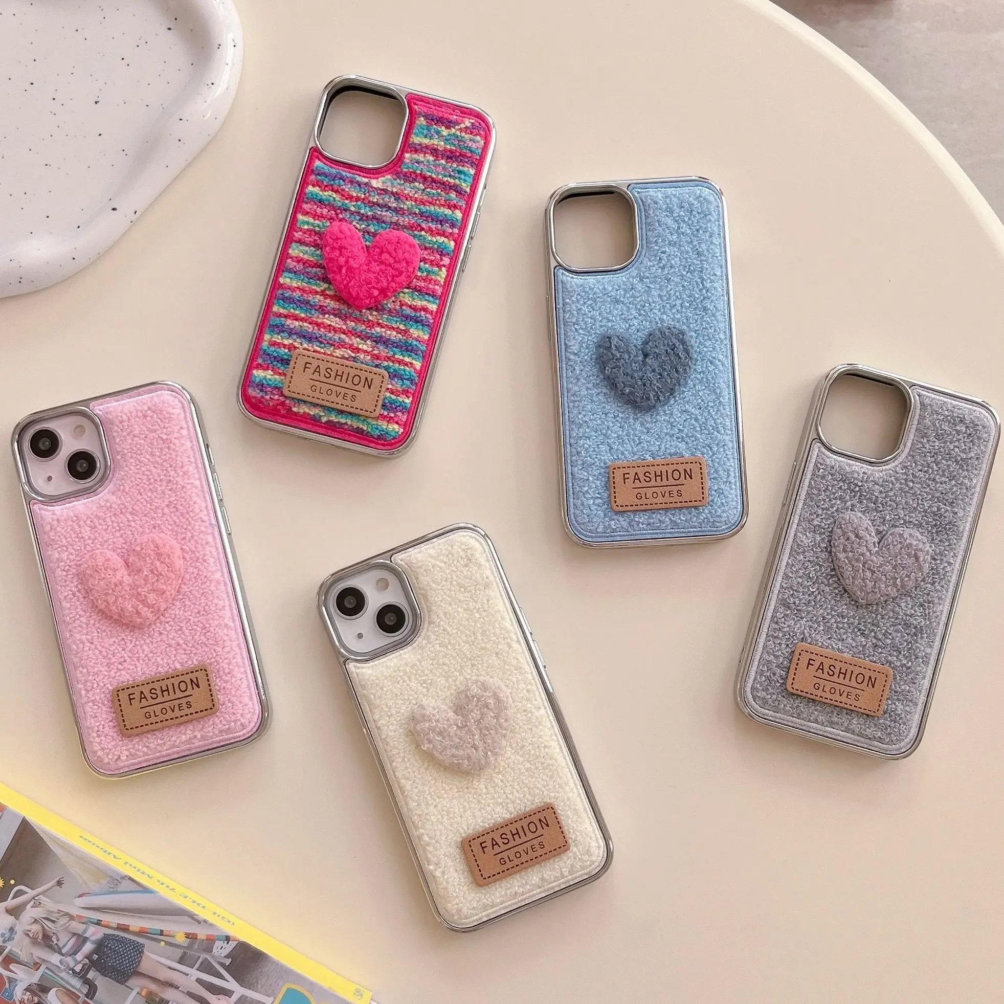 Winter Warm Wool Plush Love Heart Phone Case For iPhone 15 Promax 12 13 14 Pro Max Plating Silver Frame Downy Luxury Women Cover