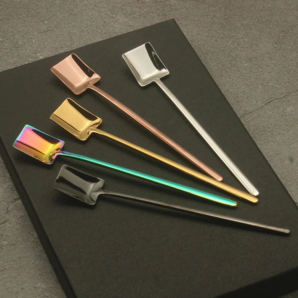 

6pcs Stainless Steel Coffee Spoon Square Scoop Long Handle Sugar Spatula Dessert Spoon Tea Cappuccino Espresso Salad Serving