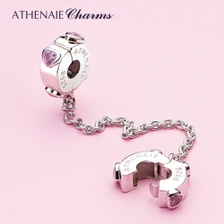 ATHENAIE Authentic 925 Sterling Silver Pink CZ Love Hearts Dangle Safety Chain Charm Fit Bracelets DIY Jewelry Valentine's Day