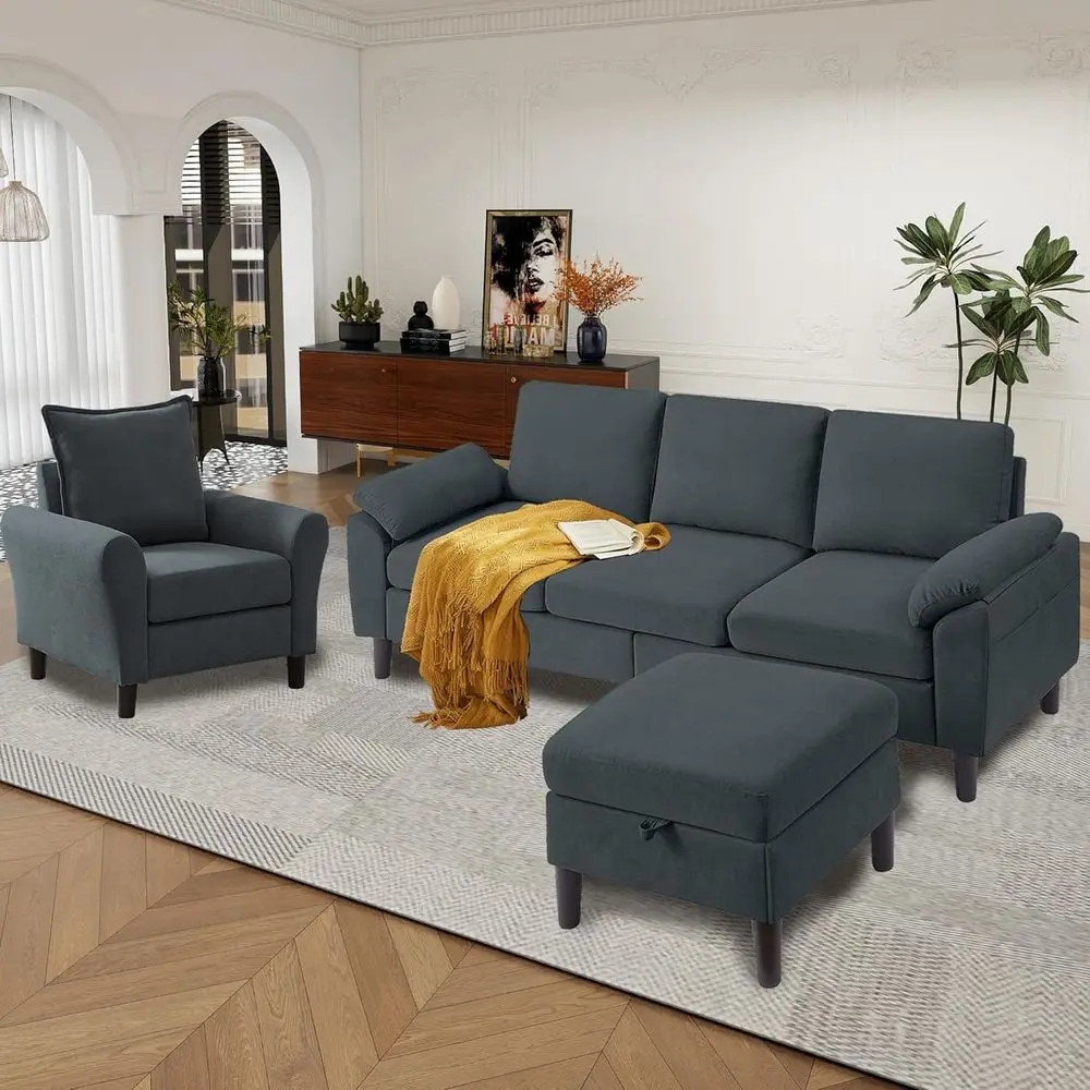 

79 Convertible Sectional Sofa Set, Linen Small L-Shaped Couch with Reversible Ottoman and Accent Chair, Ideal for Living Rooms a