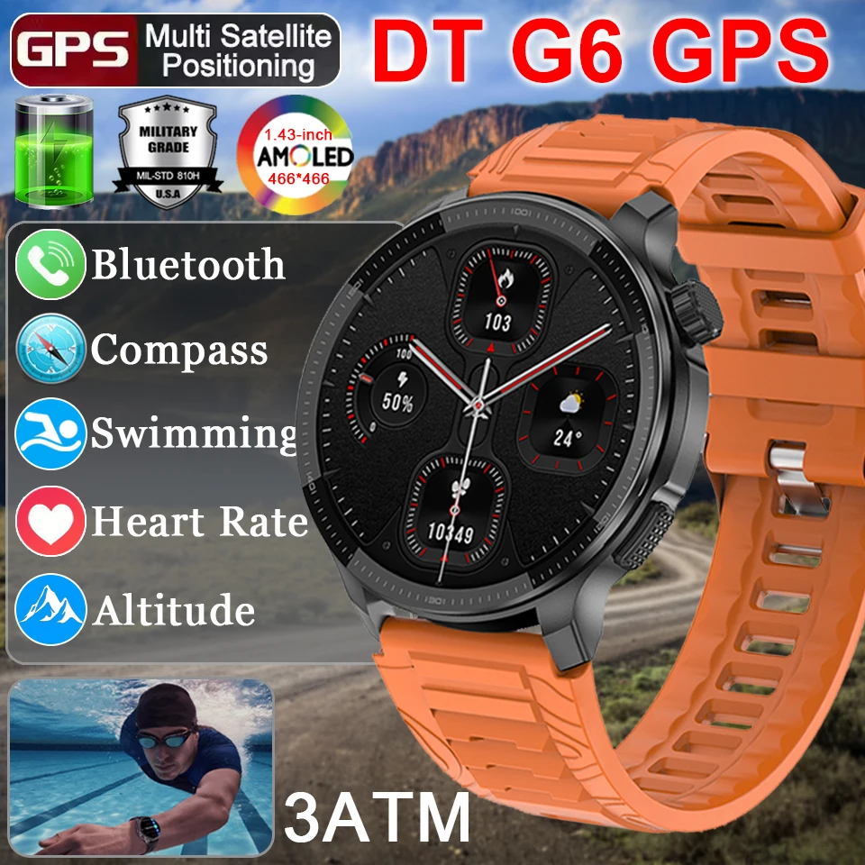 

DT G6 GPS Military SmartWatch Men 5ATM Waterproof Outdoor Sport Fitness Tracker Health Monitor Bluetooth Call Compass SmartWatch