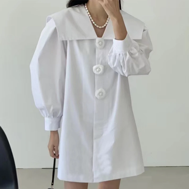 Clothland Women Elegant White Black Mini Dress Flower Button Lantern Sleeve A Line Female Chic Dresses Vestido Mujer QD474