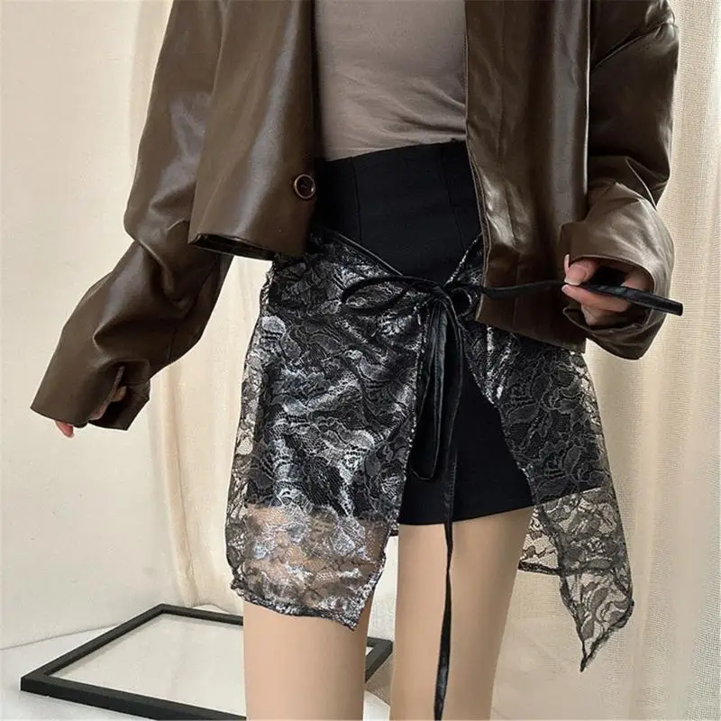 

270D Rose Floral Lace Sheer Hip Covering Skirt Overlay See Through Mesh Cover Up Apron Skirt with Lace Up Bandage for Women