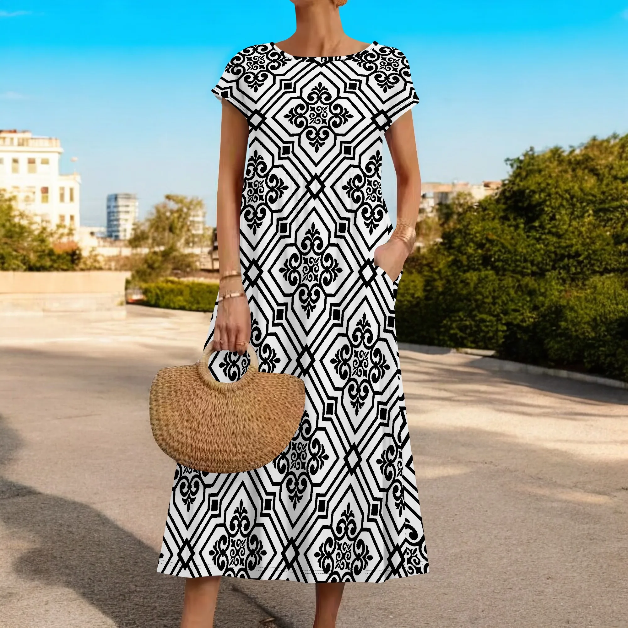 

EQQZD Short Sleeve Round Neck Pocket Dress for Women, Modern Simple Geometric Pattern Print Midi Dress