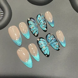 10Pcs Glitter Blue Handmade Press On Nails With Cat Eye Rhinestone Design Full Cover French Almond Fake Nails Manicure Art Tips