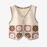 Granny Square Crochet Vest Woman Sheer Open-knit Button Front Sleeveless Waistcoat Top Summer Boho Vacation Beach Outfit