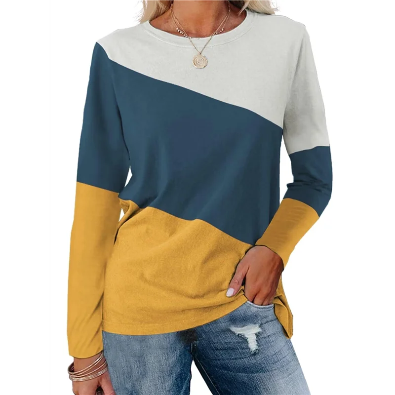 

AOAO-Women's Color Block Tops Casual Long Sleeve Tunic Round Neck Pullover Shirts