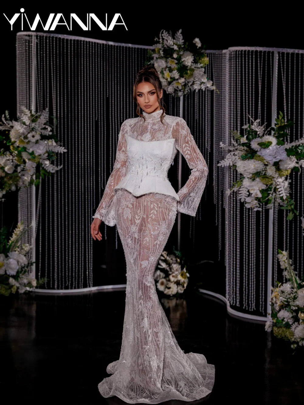 豪華なビーズレースのウェディングドレス、コルセット付き、見事なイリュージョンマーメイドブライダルガウン、カスタマイズされた長袖ドレス、花嫁用