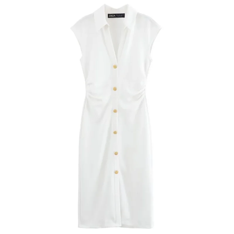 HXAO camisa fruncida vestidos por debajo de la rodilla 2025 mujer verano sin mangas vestido blanco negro mujeres ceñido al cuerpo elegante vestido Casual de mujer 088