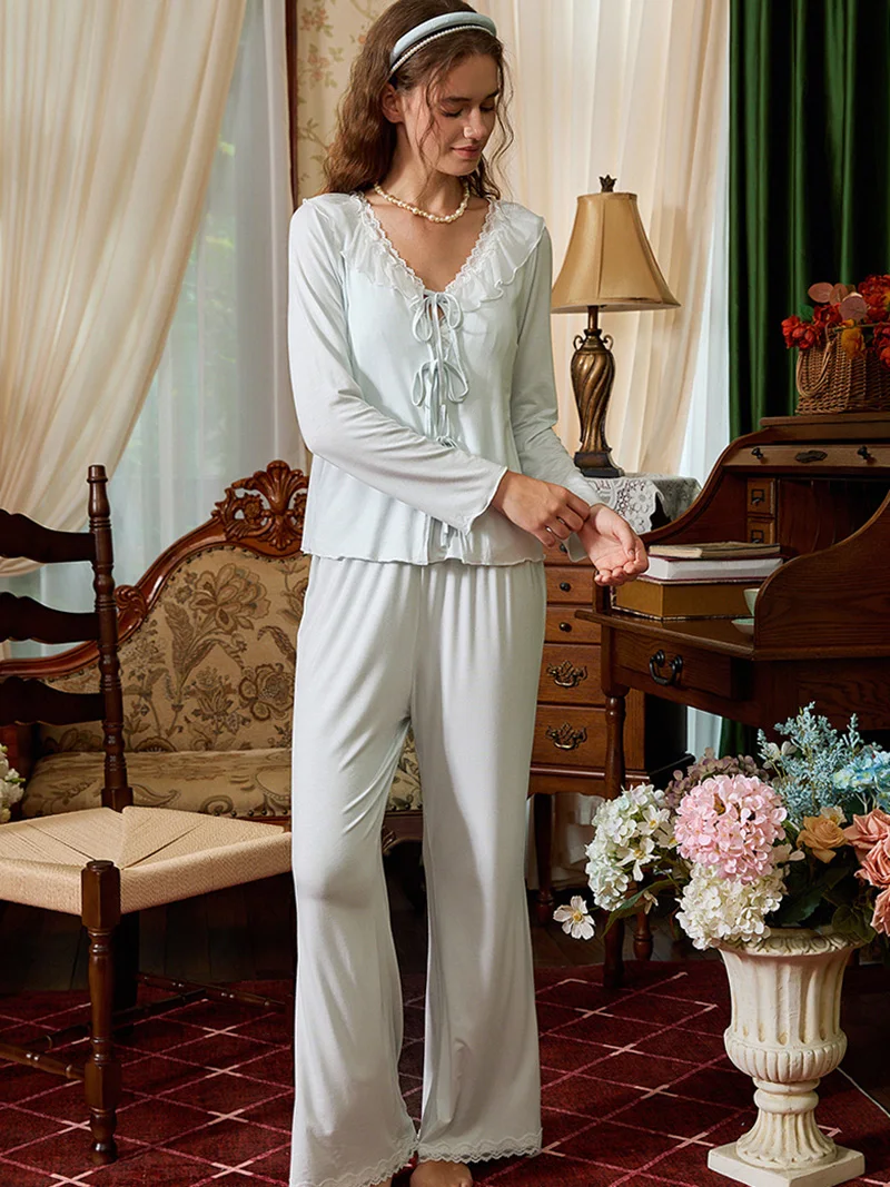 Spring Autumn Sweet Ruffles Lace Modal Home Cardigan Sling Top with Chest Mat Sleepwear Wide Leg Pants Three Piece Set for Women - view 5