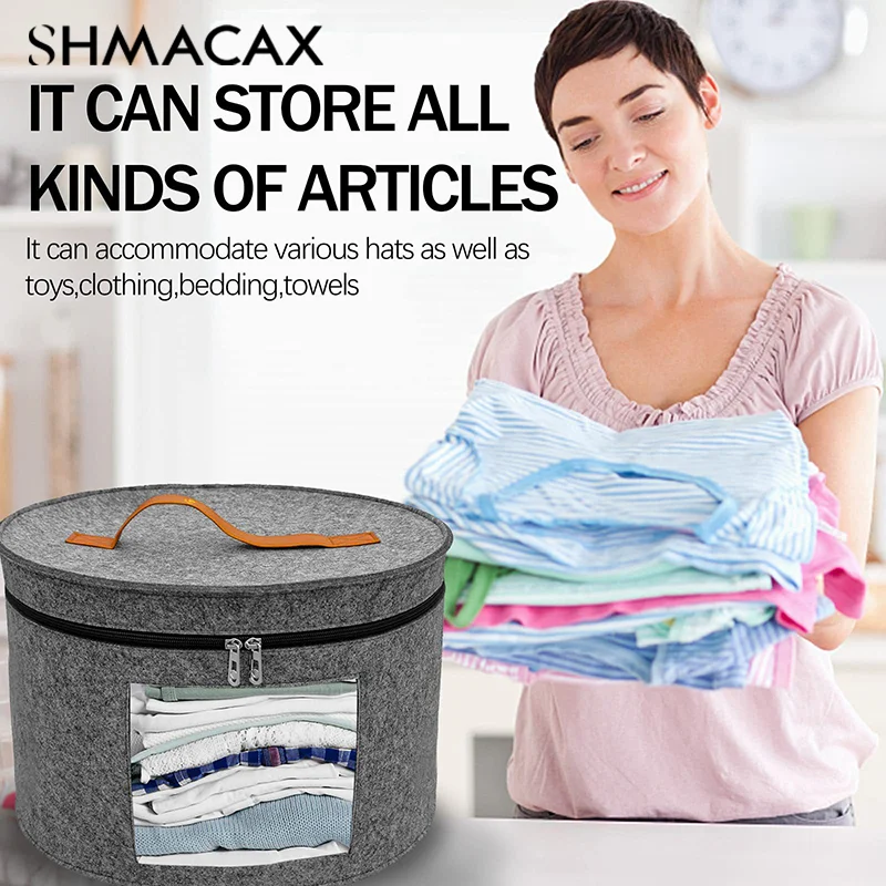 Hat Storage Box Dustproof Case Household Round Felt Storage Hats Bucket Clothes Organizers With Zippered Lid Travel Bags