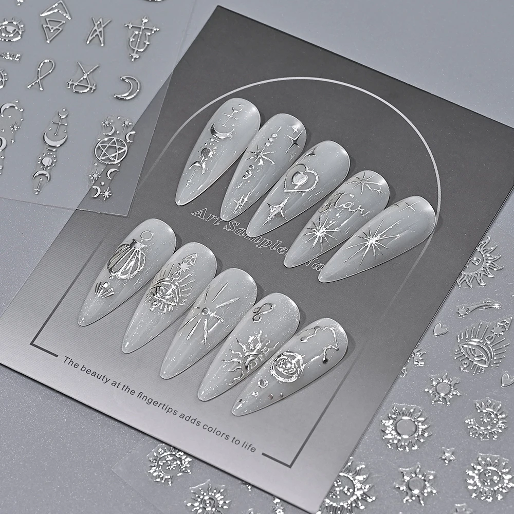 12 ชิ้น Glitter Silver Moon Star Sun Nail Art Decals 3D Bronzing งูแมวสติกเกอร์เล็บ 8*10 เซนติเมตร Self - กาว Starlight เล็บ Slider