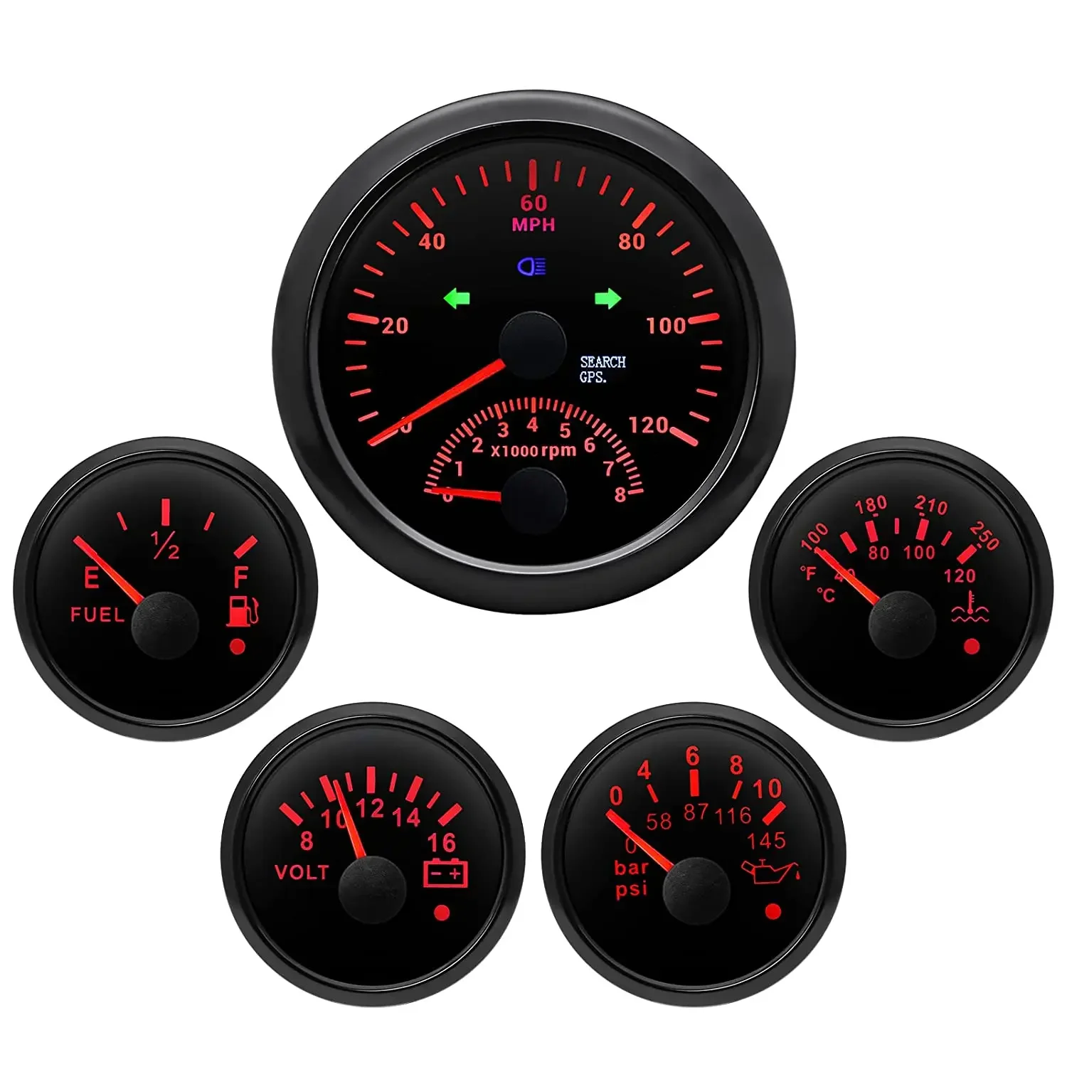 52mm Black Faceplate Black MPH Fuel Oil Pressure Volt Water Temperature Gauge 85mm RPM Gauge Speedometer