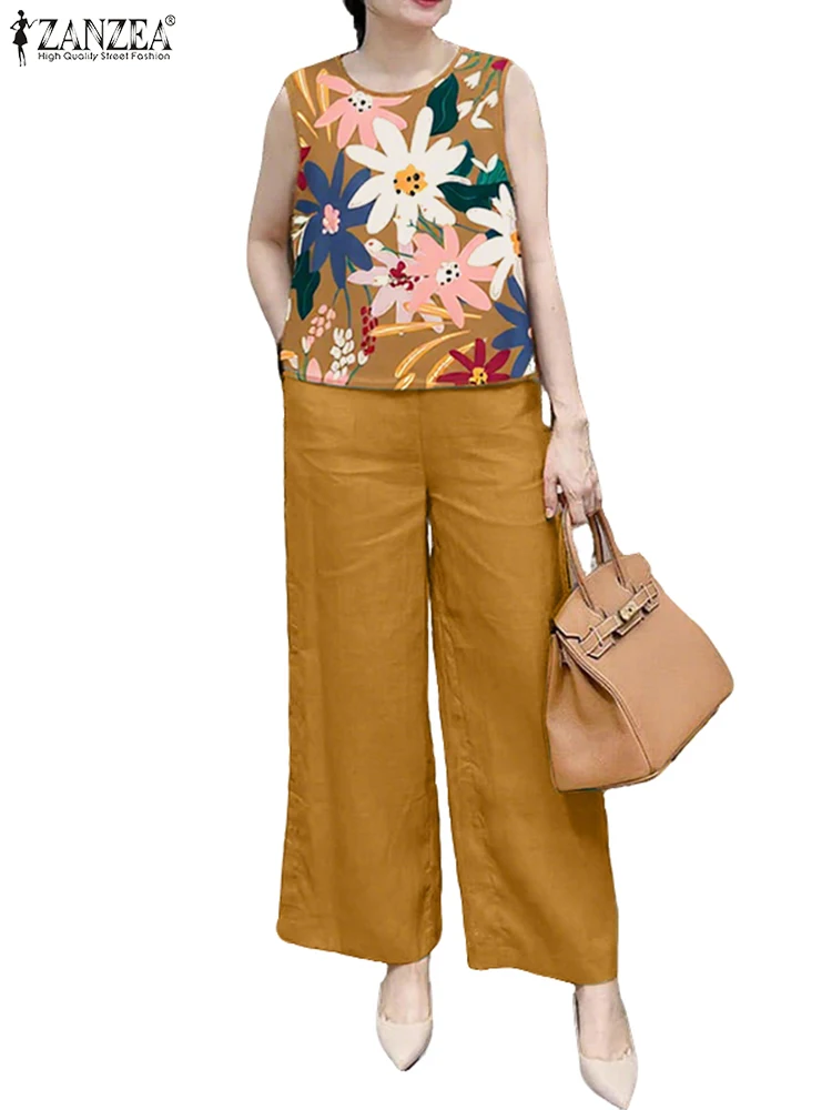 

ZANZEA Womens Commute 2 Pieces Sets Summer Solid Wide Leg Pants Floral Printed Tank Tops Day Wear Pant Sets Casual 2pcs Outfits