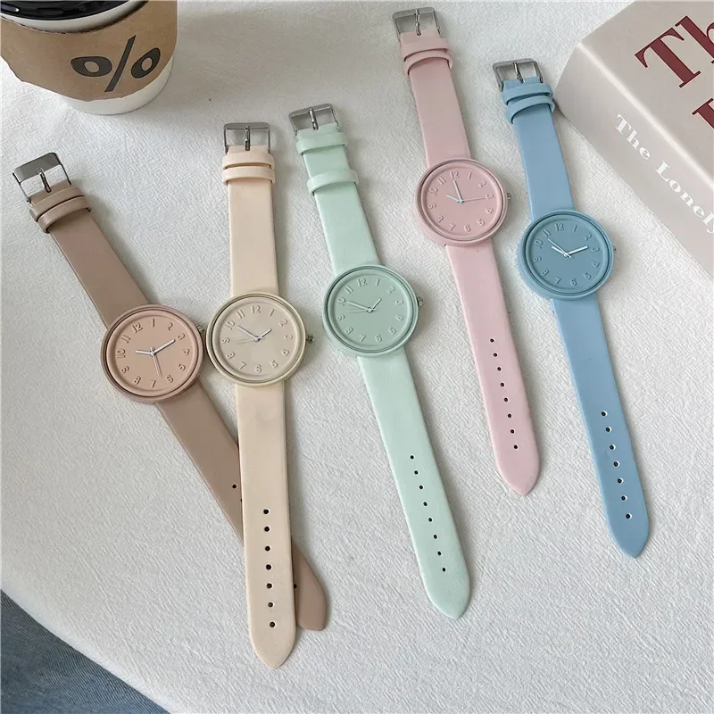 New Women Quartz Watch Macaron Color Temperament Simple Retro Student Digital Watches Clock Hight Quality Wristwatch