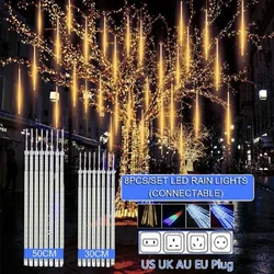 Tira de luces LED impermeables para decoración navideña, tira de luces de 30cm /50cm con 8 tubos de lluvia de meteoritos, ideal para árbol de vacaciones al aire libre, enchufe europeo/estadounidense/australiano/británico