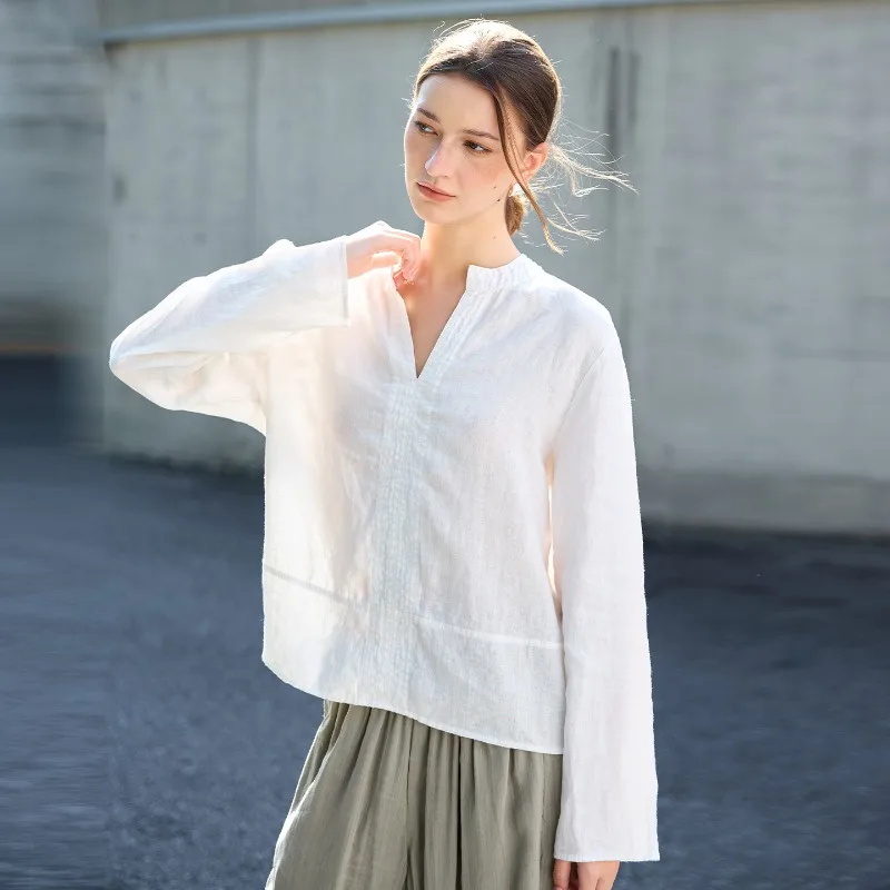 

Retro Pure 100% Linen Shirts Women Long Sleeve V-neck White Color Blouse Casual Loose Spring Summer Fashion Office Ladies Tops